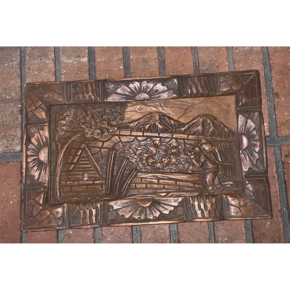 Vintage Hand Carved Wood Wall Plaque Relief Landscape‎ Scene Folk Art Panel